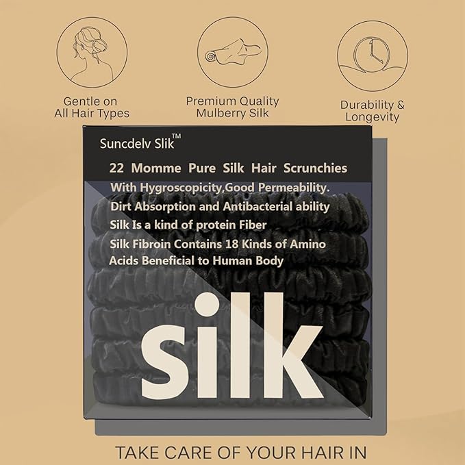 Suncdelv Silk,100% Silk Scrunchies for Hair,22 Momme Hair Ties for Anti-Crease & Breakage,Natural Women Hair Accessories，Fashion Hairbands 6PCS(Black）
