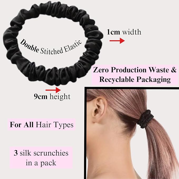 Women's Hair Accessories - Clean Girl Aesthetic - Thin Hair Scrunchies, Small Ponytail Holders, and Cute Hair Ties - Black Scrunchies