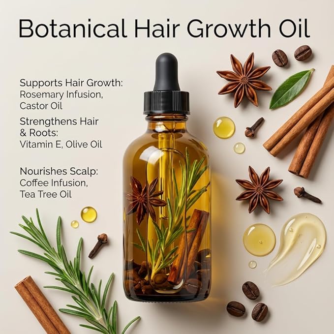 Hair Oil for Hair Growth – Botanical Rosemary Scalp in Glass Bottle with Castor Oil, Vitamin E, Coffee & Olive Oil – Natural Vegan Hair Growth Oil for Thinning Hair, Dry Scalp & Breakage
