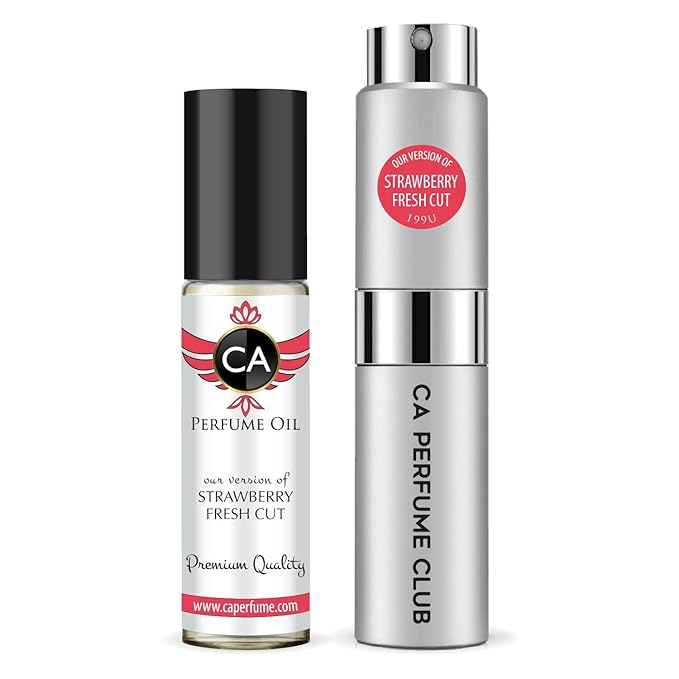 CA Perfume Duo Impression of Fresh Cut Strawberry For Women And Men Perfume Layering Set Long Lasting Travel Size EDP + Body Oil Roll-On Bottle 0.27 Fl Oz+0.33 Fl Oz