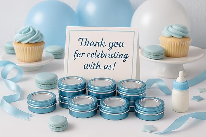 24 Pack 2 Ounce Screw Top Aluminum Tin Jar with Screw Clear Lid and Blank Labels, Refillable 60ml Metal Containers for Lip Balms, Candles, Salves, Spices, Crafts (Lake Blue)