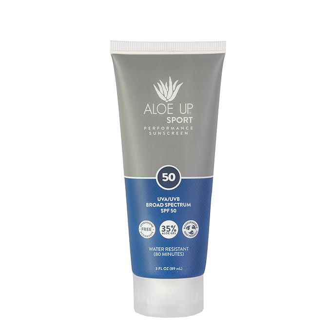 Aloe Up Sport Sunscreen Lotion SPF 50 - Broad Spectrum UVA/UVB Sunscreen Protector for Face and Body - With Hydrating Aloe Vera Gel - Non-Greasy - No White Cast - Reef Safe - Fragrance-Free - 3 Oz