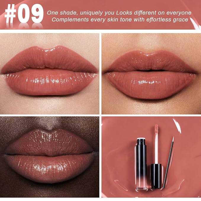 evpct Nude Shiny Longwear No-Budge Liquid Lip Color Lipstick Makeup, Highly Pigmented Color Instant Shine, Waterproof Long Lasting Lipstick for Women, Lip Stain Gloss with Lip Liner Brush, 09#