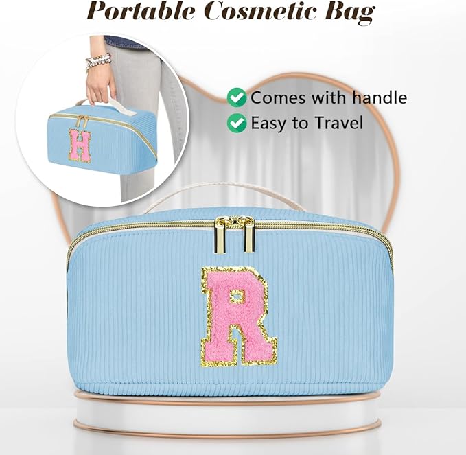 Personalized Initial Makeup Bag, Valentine's Day Gifts for Girls,Preppy Bag Cosmetic Travel Bag Women,Travel Toiletry Organizer,Large Capacity Corduroy Stuff Bag,Cute Cosmetic Pouch Skincare Bag