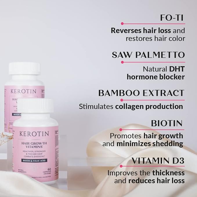 Kerotin Hair Growth Vitamins, Biotin Supplement, DHT Blocker, Collagen Stimulator, for Hair Loss Support, Nail & Skin Care, Includes Saw Palmetto, Vitamin D3 & More - 60 Pills (1 Month Supply)