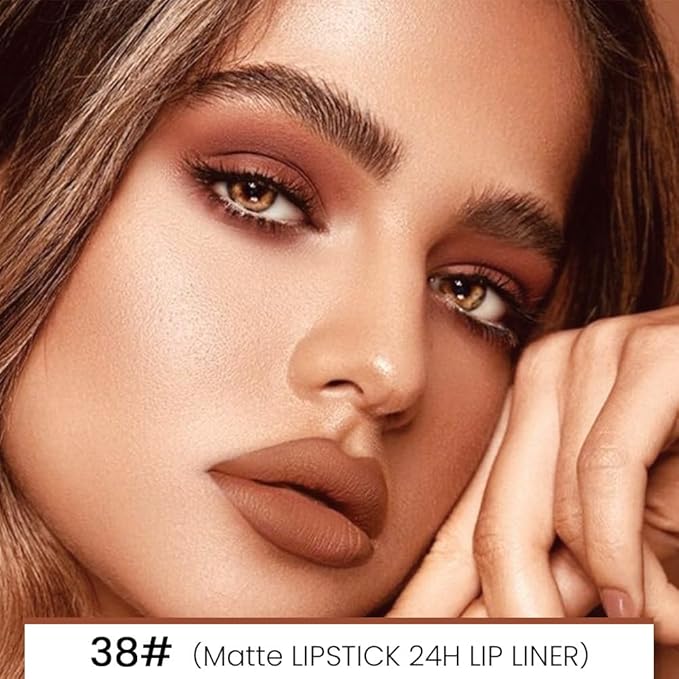 evpct 1Pcs Brown Matte Lip Liner and Lipstick Combo Set Kit for Women, Magic Neutral Lipsticks 24 Hours Original Lipstick and Lips Liner Pencil Stain Gloss Plumper Makeup Long Lasting Waterproof 38