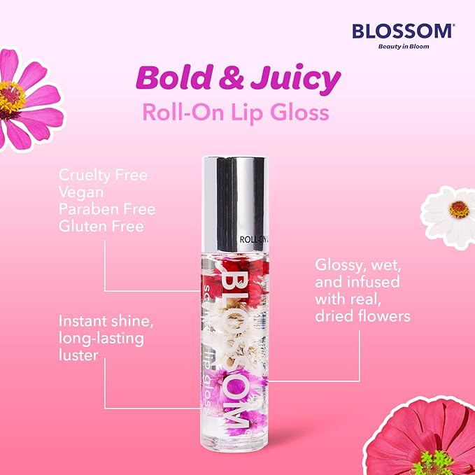 Blossom Roll on Lip Gloss, Scented Clear High Shine Moisturizing Lip Oil, Non Sticky, Infused with Real Flowers, Made in USA, 0.2oz, Strawberry