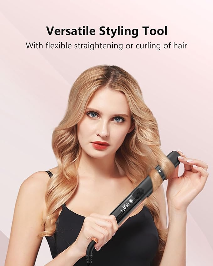 Hair Straightener 1 Inch Flat Iron and Curler 2 in 1 Titanium Ceramic Ionic Dual Voltage Straightener with Heat-Resistant Silicone, for Less Frizz, Shinier & Smoother