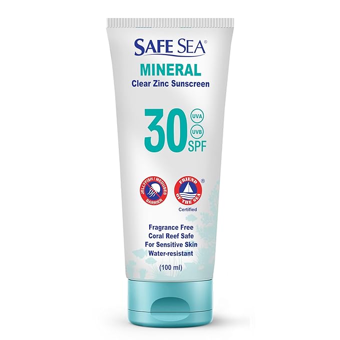Safe Sea Zinc Oxide Sunscreen SPF30 | Clear Mineral Face And Body Reef Safe Sunscreen Without White Cast | Anti-Jellyfish Sting Protective Lotion | 3.4Oz (100ml) (1 Pack)