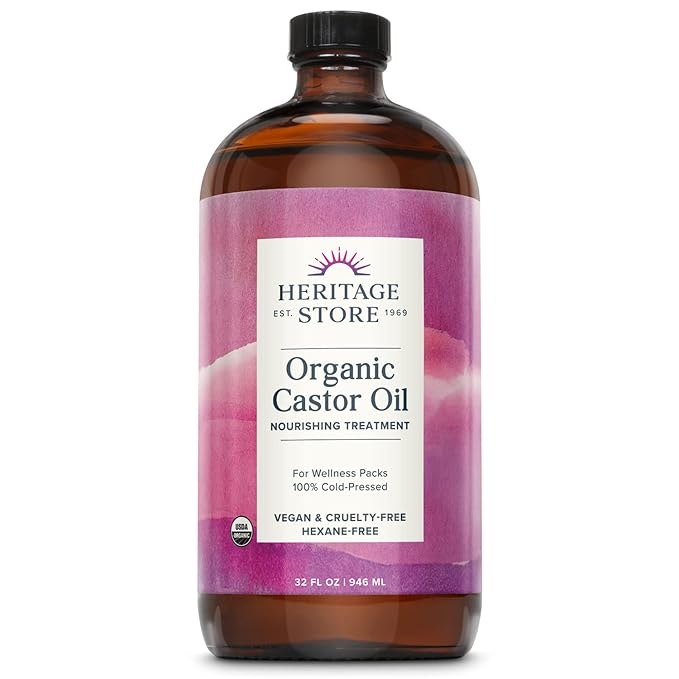 HERITAGE STORE Organic Castor Oil - Glass Bottle - Nourishing Treatment for Hair and Skin - Hair Oil, Eyelash Serum for Eyelashes, Brows, Castor Packs - Cold Pressed, Hexane Free, Vegan 32oz