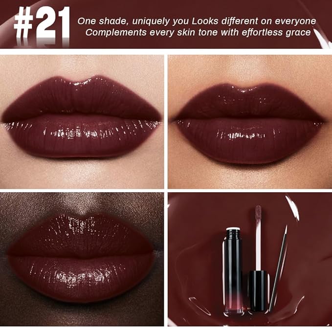 evpct Dark Brown Shiny Longwear No-Budge Liquid Lip Color Lipstick Makeup, Highly Pigmented Color Instant Shine, Waterproof Long Lasting Lipstick for Women, Lip Stain Gloss with Lip Liner Brush, 21#