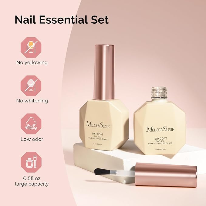 MelodySusie No Wipe Glossy Top Coat Long Lasting Shine Finish Soak Off UV LED Nail Lamp Nail Polish Art Design Manicure Kit Perfect Gifts for Women Girls 2 Pcs 15ml Clear