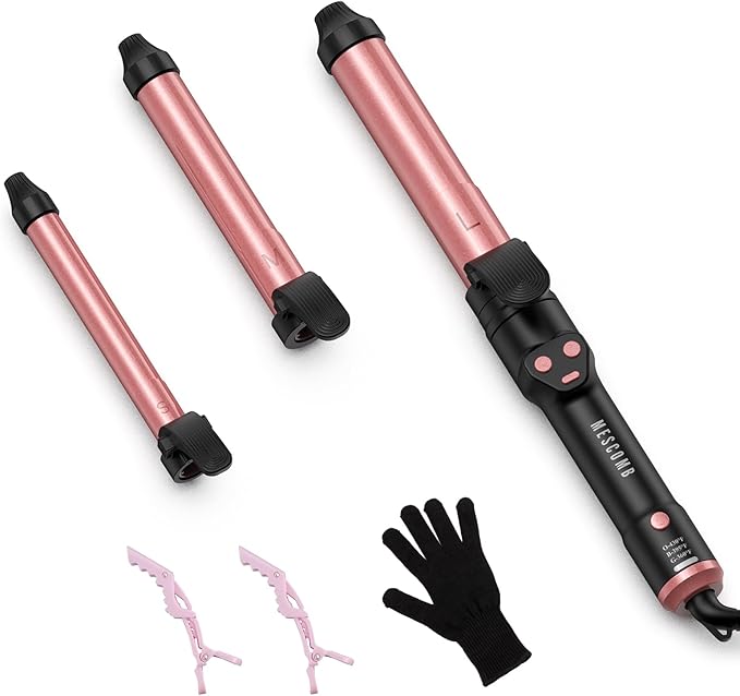 Automatic Curling Iron 1 Inch with 3-in-1 Interchangeable Barrels, Anti-Tangle Beach Waves Hair Curler, Beginner Friendly Dual Voltage Travel Curling Wand for Long Short Hair Pink, Gifts for Women Pro