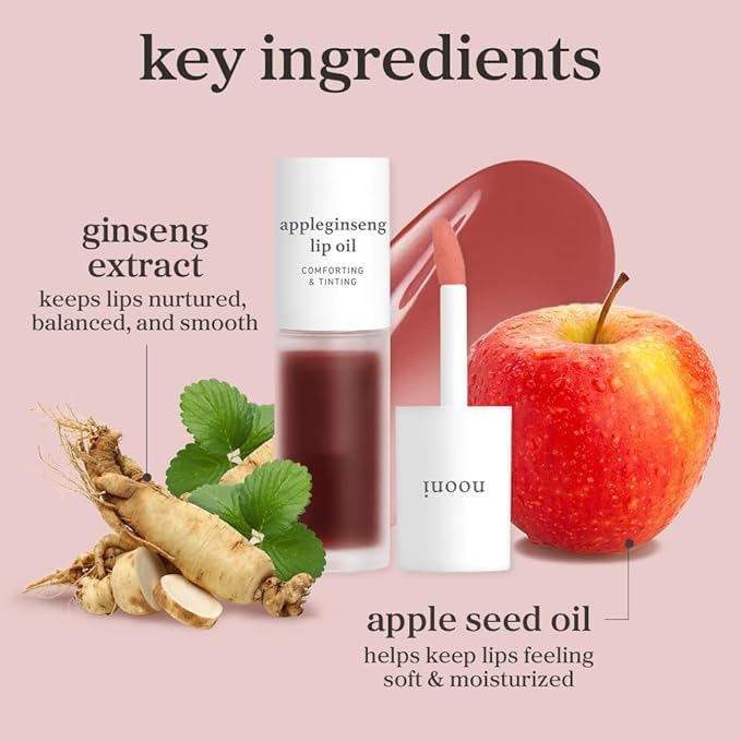 NOONI Korean Lip Oil - Appleginseng | Lip Stain, Long-Lasting, Moisturizing, Plumping, Revitalizing for Dry Lips, Waterproof, No Peel Off, Korean Lip Tint, Stocking Stuffers, Cute Things, 0.12 Fl Oz