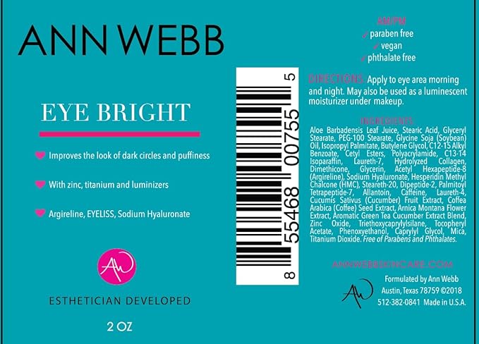 Eye Bright Cream - Anti Aging Eye Cream w/Collagen Peptides & Hyaluronic Acid for Dark Circles, Firms Fine Lines 2oz