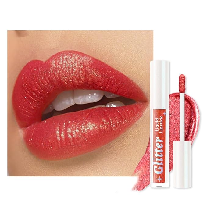 AMY'S DIARY Metallic Red Sparkle Liquid Lipstick, Shimmer Lip Gloss, Long-Lasting Waterproof Lip Color, High Shine Sparkle Makeup,Lip makeup for woman (Metallic Red Spark 6#)