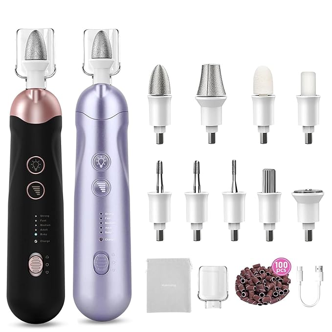 2 Pack 9-in-1 Electric Nail Grinder with 100 Bits: Cordless, 5 Speeds, Professional Manicure & Pedicure Kit