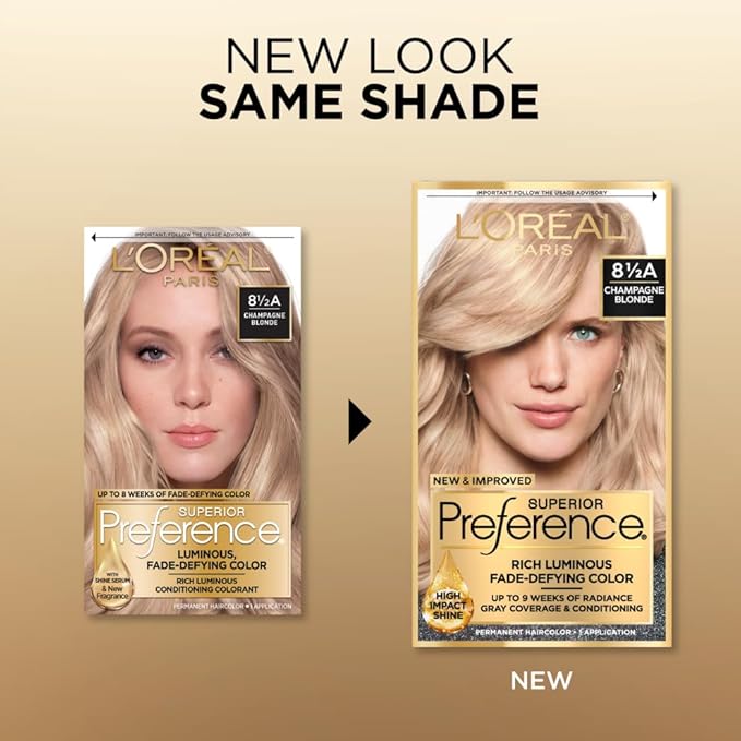 L'Oreal Paris Superior Preference Luminous Fade-Defying Permanent Hair Color, Hair Dye For Up to 9 Weeks of Radiance, Champagne Blonde 8.5A, 1 Hair Dye Kit