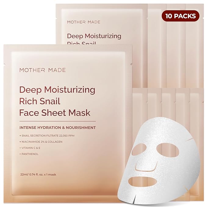 MOTHER MADE Glowing Glass Skin Hydrating Snail Deep Collagen Face Masks 10 EA, with Niacinamide 2%, Vitamin E, Facial Masks for Dry, Sensitive Skin, Kbeauty Essentials, Self Care, Korean Skincare