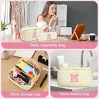 Personalized Travel Makeup Bag Set, Initial Travel Cute Floral Makeup Organizer Bag, Beige Toiletry Skincare Cosmetic Bag, Valentine’s Day Gifts for Women/Girls, Open Flat Toiletry Pouch Brush Bag