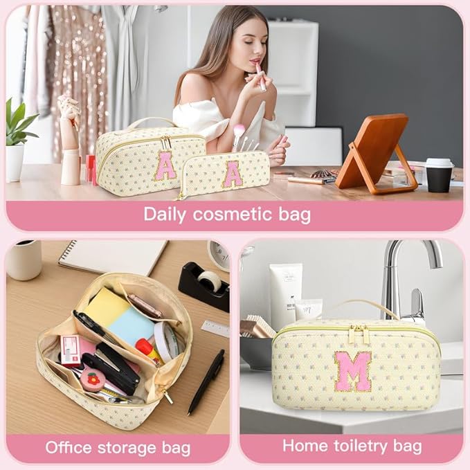 Personalized Travel Makeup Bag Set, Initial Travel Cute Floral Makeup Organizer Bag, Beige Toiletry Skincare Cosmetic Bag, Valentine’s Day Gifts for Women/Girls, Open Flat Toiletry Pouch Brush Bag