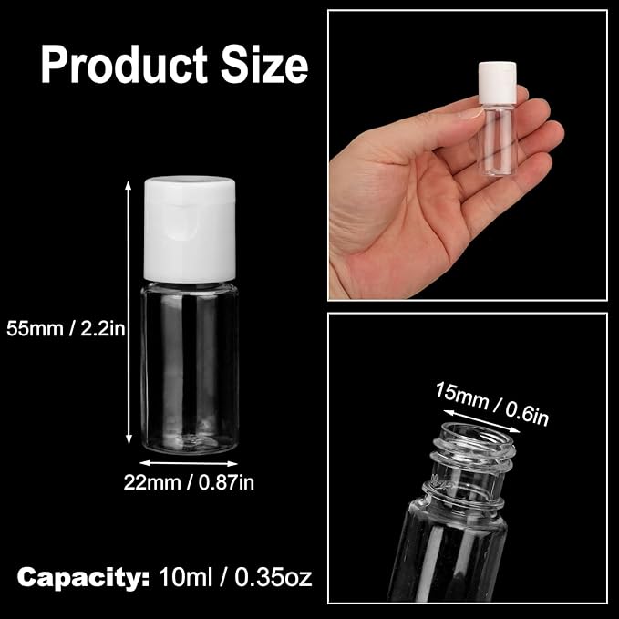 200 Pack 0.35 oz Plastic Bottles with Top Caps, Clear Empty 10 ml Flip Top Cosmetic Bottles for Lotion and Shampoo, Travel-Friendly, BPA-Free