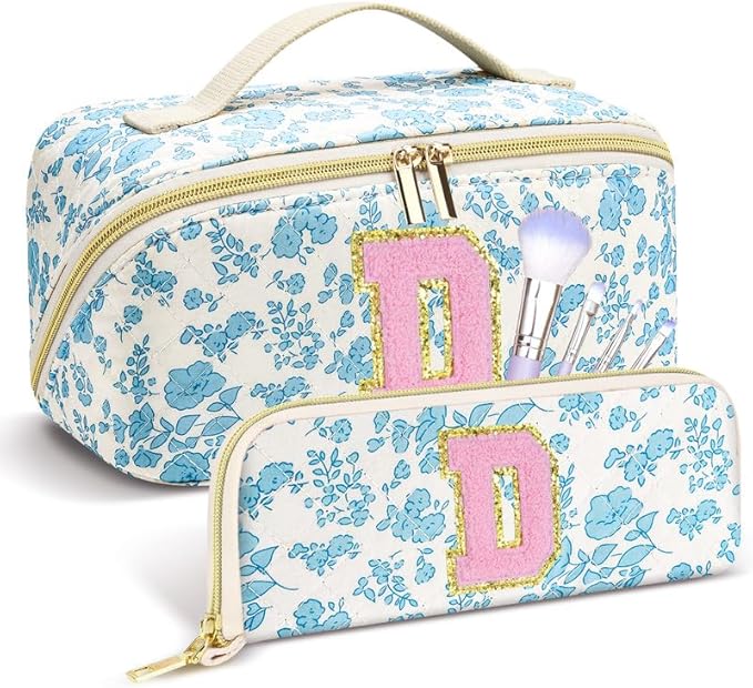 Personalized Travel Makeup Bag Set,Initial Travel Cute Floral Makeup Organizer Bag,Toiletry Skincare Cosmetic Bag, Valentine’s Day Gifts for Women/Girls,Open Flat Toiletry Pouch with Brush Pocket-S