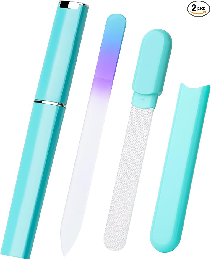 Glass Nail File and Buffer with Case, Crystal Fingernail Files for Natural Nails Care Glass Nail Shiner Nano Polisher for Travel Home Salon Nail Filer Stocking Stuffers for Women Girl Wife Gifts- Cyan