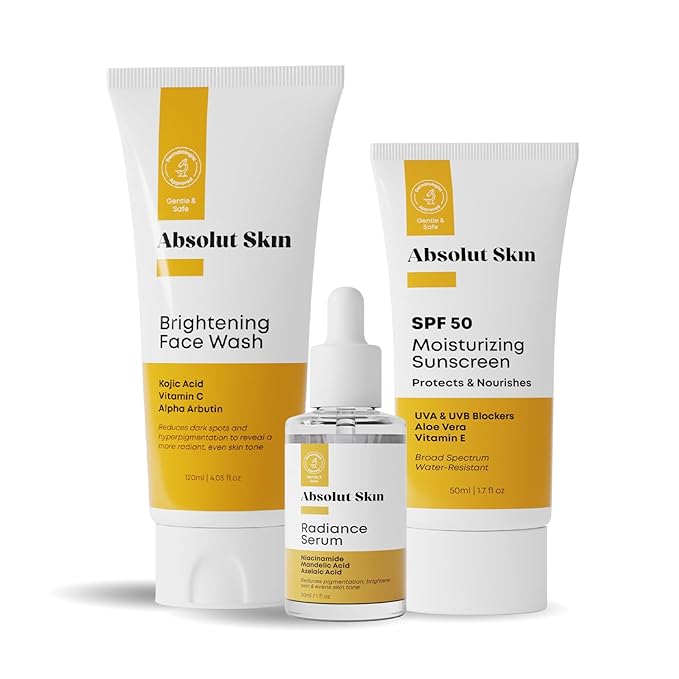 AbsolutSkin Beginner Bundle – 3-Step Brightening Skincare Set for Dull Skin – Includes Face Wash, Radiance Serum & SPF50 Cream – Dermatologist-Formulated