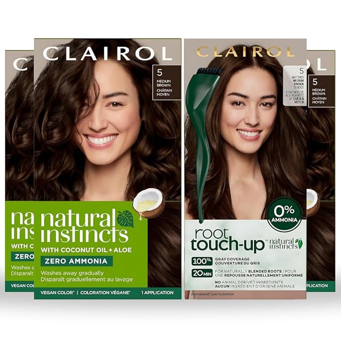 Clairol Natural Instincts 5 Medium Brown, Demi-Permanent Hair Dye & Root Touch-Up Multi-Pack Bundle
