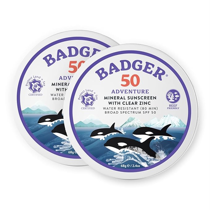 Badger Biodegradable Reef Safe Sunscreen, SPF 50 Mineral Sunscreen, 98% Organic Ingredients, Unscented, Water Resistant Adventure Sport Sun Cream, Travel Size 2.4 oz Tin, 2-Pack