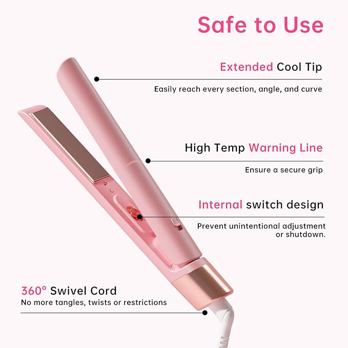 Mini Flat Iron 1 Inch Ceramic Mini Hair Straightener, Small Flat Irons for Short Hair, Curls Bangs, Dual Voltage for Travel,Dual Voltage for Worldwide Use, Pink