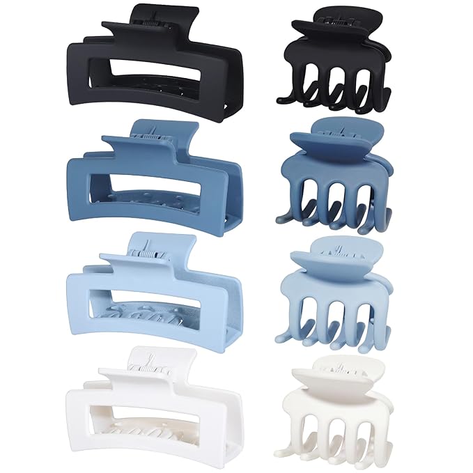 Medium Hair Clips for Women 8 Pcs Small Claw Clips for Thin and Thick Hair 2 Styles Hair Claw Clips Combination Rectangle Banana Jaw Hair Accessories for Women and Girls (Blue)