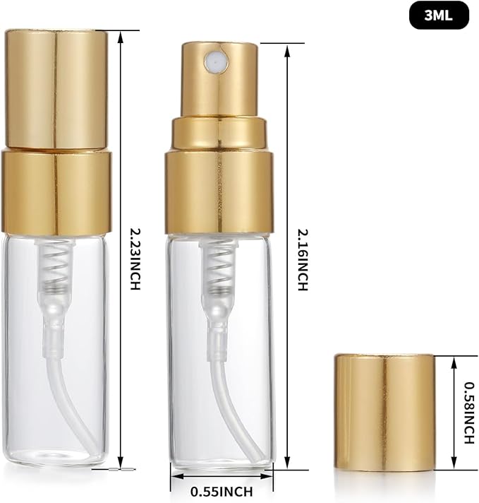 20Pcs 3ml Empty Clear Glass Mist Spray Bottle Refillable Mini Perfume Atomizer Travel Sample Bottle with Golden Aluminized Nozzle Makeup Container for Perfume (3ml Gold Caps)