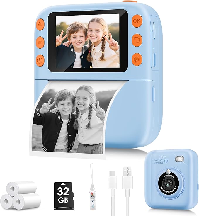 Instant Print Camera for Kids, Christmas Birthday Gifts for Girls Boys, 1080P Instant Digital Print Cameras for Toddler,Portable Toy for 4 5 6 7 8 9 10 Year Old Girl with 32GB SD Card，Light Blue