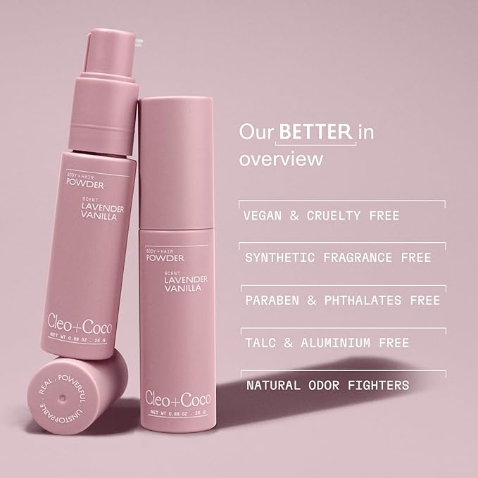 Cleo + Coco. Deodorant Powder for Body and Hair, Lavender Vanilla (0.88 oz), 2-in-1 Deo Powder & Dry Shampoo for Women & Men, Aluminum Free Deodorant, Talc-Free, Anti Chafe Protector, Travel-Size