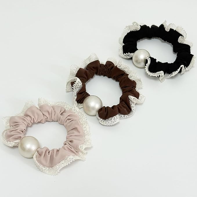 Silk Scrunchies Hair Ties 3Packs – Super Soft Thin Hair Scrunchies, Gentle on Hair, Faux Pearl Decorated Hair Accessories for Women