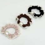 Silk Scrunchies Hair Ties 3Packs – Super Soft Thin Hair Scrunchies, Gentle on Hair, Faux Pearl Decorated Hair Accessories for Women