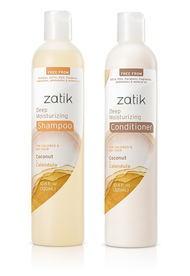 Zatik Naturals - Deep Moisturizing Shampoo + Conditioner Set - Coconut & Calendula, for Colored, Dry damaged Hair, Biodegradable, pH Balanced, FREE from Parabens, fragrances, 10.8 fl oz (One of Each)