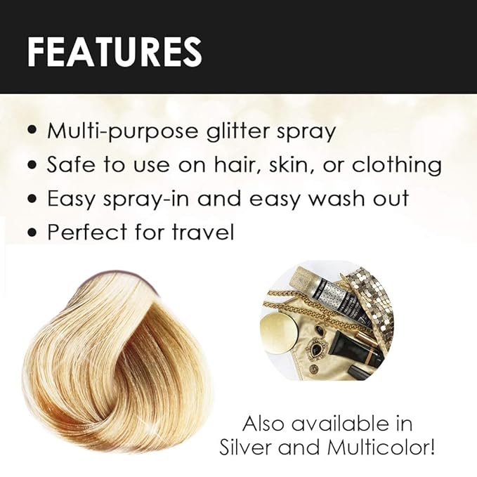 Jerome Russell Temporary Hair and Body Glitter Color Spray, Travel Spray, Lightweight, Adds Sparkly Shimmery Glow, Perfect to use On Hair, Skin, or Clothing, 2.2 oz - Glitter GOLD x 1 Pack