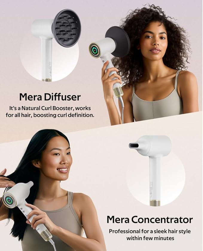Professional Bi-Ionic Aromatic Hair Dryer- mera PRO -Fast Drying Salon Results Blowdryer w/Magnetic Diffuser & Aromatherapy Nozzle, One Button Safe Mode, cUL Certified, Lightweight for Travel