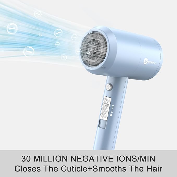 Slopehill Professional Ionic Hair Dryer, Powerful 1800W Fast Drying Low Noise Blow Dryer with 2 Concentrator Nozzle 1 Diffuser Attachments for Home Salon Travel (Matte Blue)