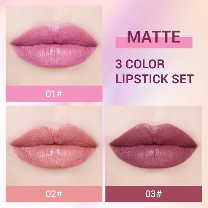 3Pcs Nude Pink Purple Mauve Lavender Lip Stick,Matte Cream Lipstick Set for Women,Long Lasting Waterproof Smudge Proof Velvet lipsticks Crayon,Lip Makeup Kit Travel Size,Vegan & Cruelty-free