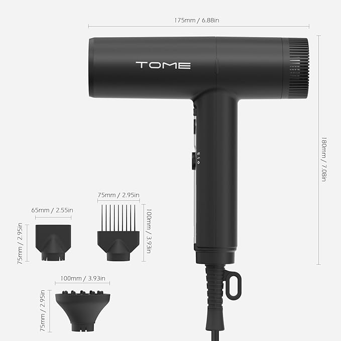 TOME 1875W Hair Dryer High Speed Motor Brushless 110000 RPM Blow Dryer Negative Ionic Cool Shot Lock with Diffuser Comb Nozzle Light Weight Black