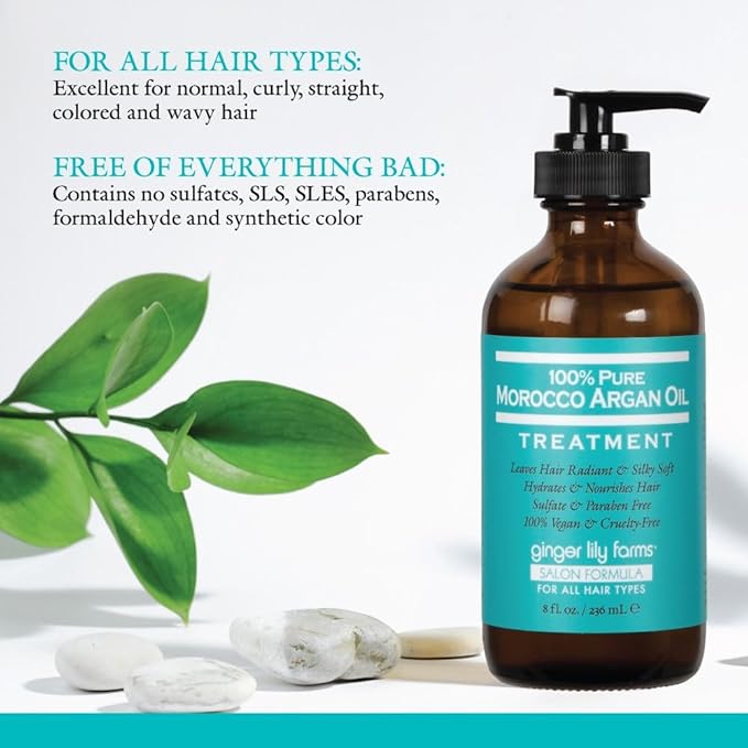 Ginger Lily Farms Salon Formula 100% Pure Morocco Argan Oil Treatment for All Hair Types, 100% Vegan & Cruelty-Free, 8 fl. oz.