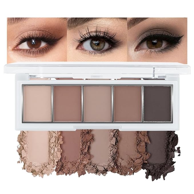 Matte Neutral Cool Brown Eyeshadow Palette,5-Color Matte Taupe Beige Clay Mocha Charcoal Shades,Blendable Long-Lasting Cool-Tone Nude Smokey Eye Shadow Palette for Daily Natural & Mature Eyes