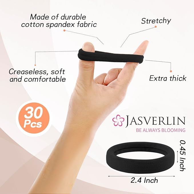 2.4" Large Hair Ties No Damage, Thick Hair Bands for Women, Soft Elastic Ponytail Holders Cotton Seamless Scrunchies Stretchy No Crease 30 Pcs (Black)