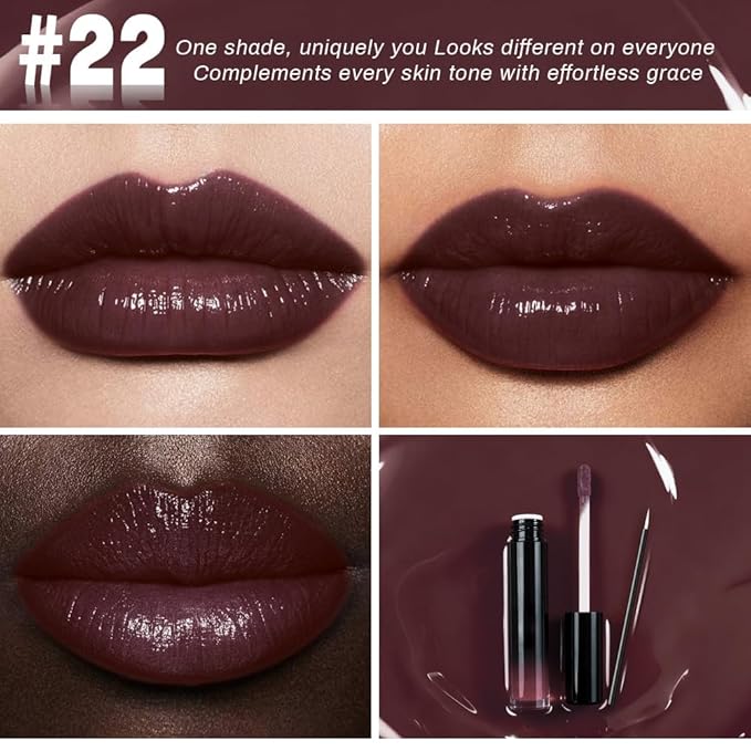 evpct Chocolate Brown Shiny Longwear No-Budge Liquid Lip Color Lipstick Makeup, Highly Pigmented Color Instant Shine, Waterproof Long Lasting Lipstick Women Lip Stain Gloss with Lip Liner Brush, 22#