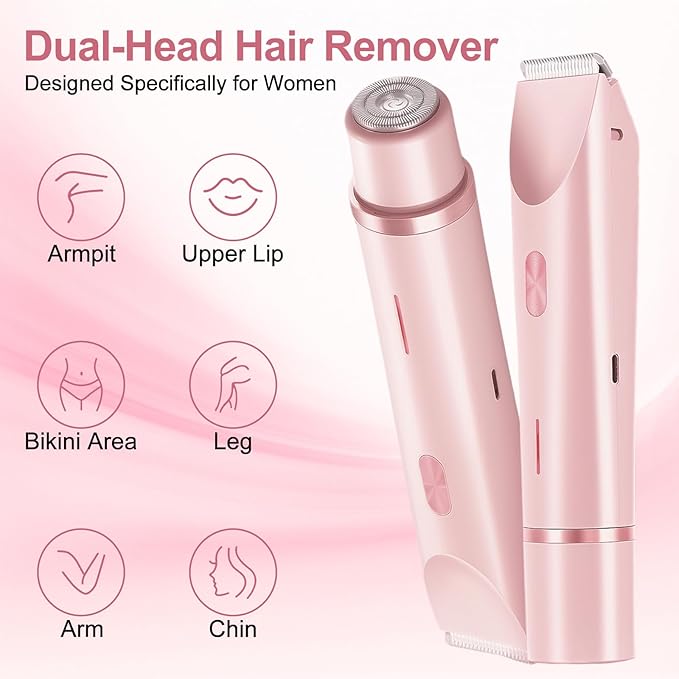 2025 New Bikini Trimmer for Women, 2 in 1 Dual Head Body Bikini Shaver, Ultra Low Silent, Painless & Cordless Hair Removal for Body , IPX7 Waterproof & Easy Cleaning for Shower & Travel (Pink)