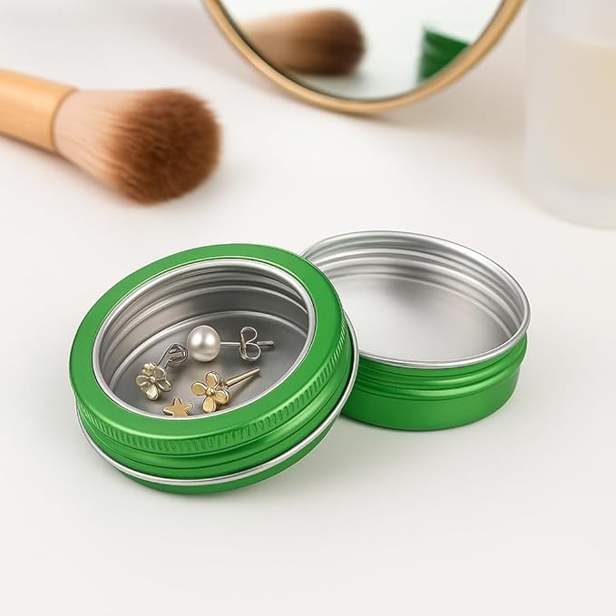 24 Pack 2 Ounce Screw Top Aluminum Tin Jar with Screw Clear Lid and Blank Labels, Refillable 60ml Metal Containers for Lip Balms, Candles, Salves, Spices, Crafts (Green)